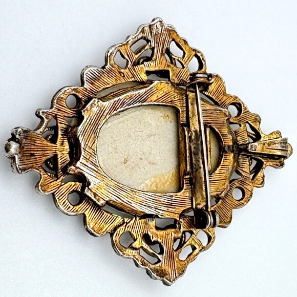 Hand-Painted Floral Porcelain Vtg Brooch Pendant Gold-Tone Signed Ornate Frame - Picture 7 of 8